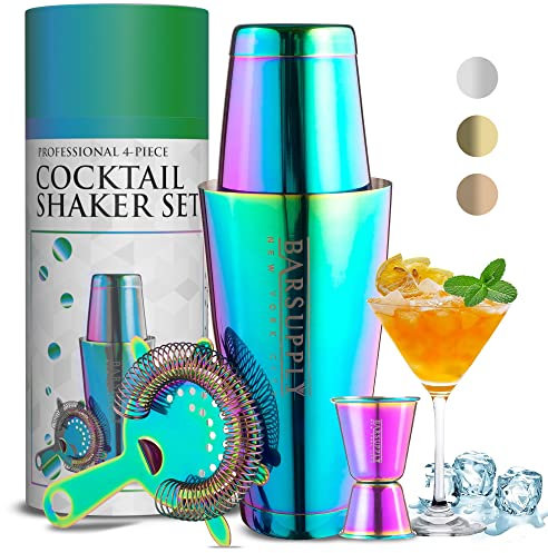 BARSUPPLY Boston Professionnel Cocktail Shaker Set, 4 - Piece Bar Set, en Acier Inoxydable, 28 oz / 18 oz Weighted Shaker Tins, Hawthorne Passoire Arc-en-Chrome