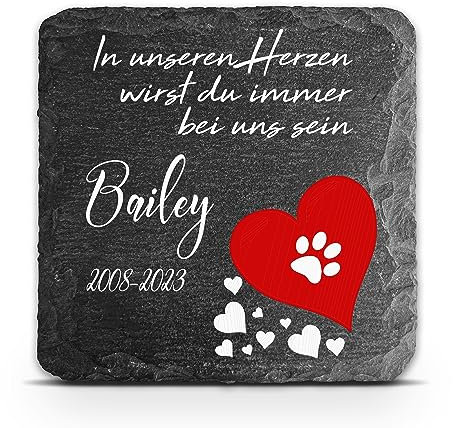 TULLUN Individueller Personalisiert Tiergrabstein Schiefer Gedenkstein für Hund, Katze und andere Haustiere - Größe 10 x 10 cm - Rotes Herz