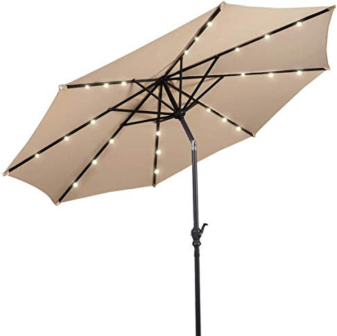 RELAX4LIFE Sonnenschirm Ø3M, Gartenschirm mit LED, Marktschirm Sechseck, Terrassenschirm mit Kurbelmechanismus, Kurbelschirm UV-beständig und Wasserabweisend, Ampelschirm Metallstruktur (Beige)