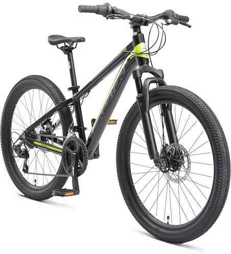 BIKESTAR Kinder Fahrrad Aluminium Mountainbike 21 Gang Shimano, Scheibenbremse ab 9 Jahre | 24 Zoll Kinderrad MTB | Schwarz Grau