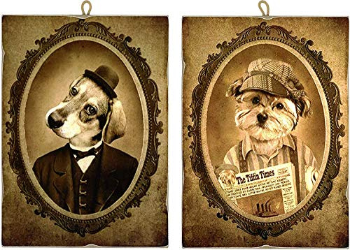 KUSTOM ART Set mit 2 Bildern im Vintage-Stil, Serie Aristokratische Hunde, Druck auf Holz
