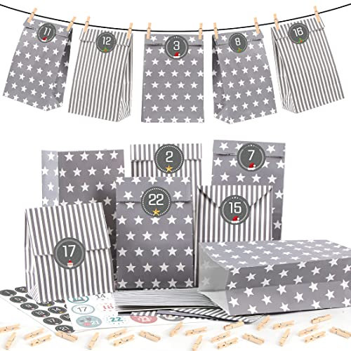 Adventskalender zum Befüllen Grau,25 Adventskalender Papiertüten mit Zahlenaufklebern,DIY Weihnachtskalender zum Befüllen, Geschenktüten Weihnachts,Adventskalender Selber Basteln für Weihnachtszeit