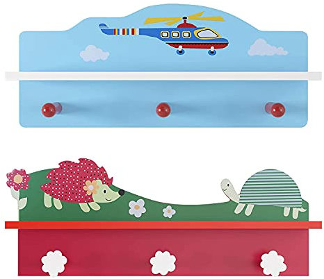 m Mayda Kinderzimmer 2X Kindergarderobe mit 3 Haken und 1 Fächer für Kinderzimmer Wandregal Wandgarderobe Kinder Garderobenhaken Wandhaken Kleiderhaken Schildkröte und Igel/Hubschrauber (Blau+Rot)