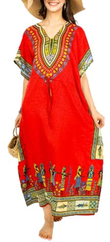 Tengru Caftan africain pour femme - Maxi maillot de bain - Cache-maillot de bain - Vêtement de nuit - Robe décontractée - Dashiki, caftan - Taille unique, Rouge, Large