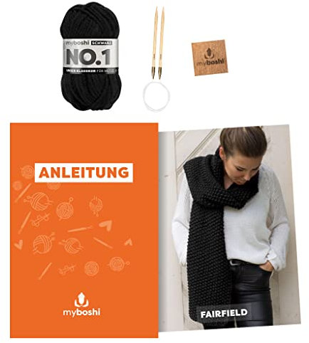 myboshi Strickset Schal Fairfield, Strickset für Anfänger, inkl. No.1 Wolle, Nadel und Anleitung, Strickpaket, 30% Merinowolle Schwarz mit Rundstricknadel