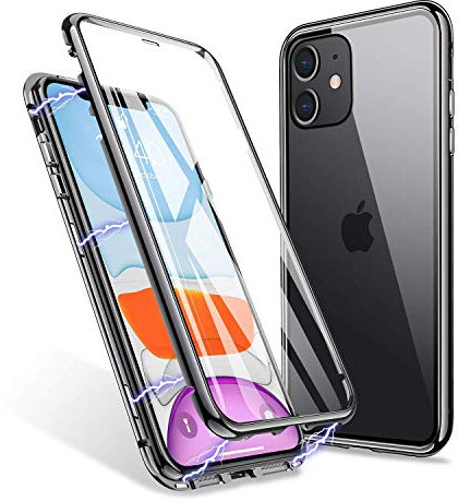 LONYAN kompatibel mit iPhone 11 Hülle, Magnetisch Adsorption Handyhülle Vorder-und Rückseite aus gehärtetem Glas Vollbild-Abdeckung Einteiliges Design (Schwarz)