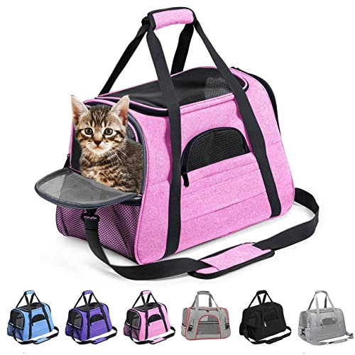 KJSXUUE kleine Hunde Transportbox,transportbox Katze, Atmungsaktive und Faltbare Hundebox mit Verstellbarem, Katzentransportkäfig mit Abnehmbarer Plüschmatratze. (Rosa)