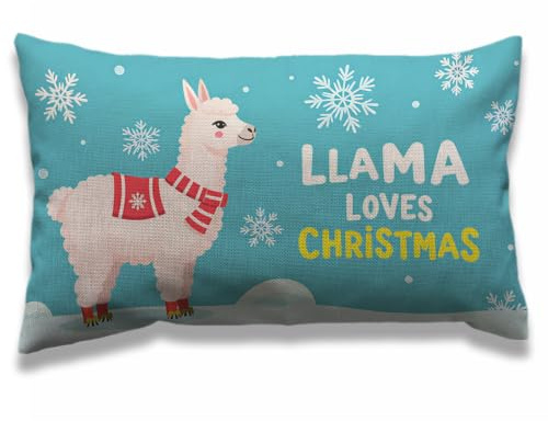 AOYEGO Lama Rechteckige Kissenbezüge, süßes Lama mit weihnachtlichem gestreiftem Schal, Schneeflocke, Kissenbezüge, Heimdekoration, Baumwollleinen, Wohnzimmer, 30.5x50.8 cm