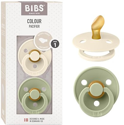 BIBS Colour Schnuller 2er-Pack, BPA-frei Schnuller, Kiefergerechte Form. Naturkautschuk/Latex, Hergestellt in Dänemark. 0-6 Monate (2er Pack), Ivory/Sage