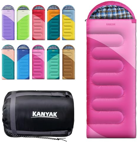 KANYAK Pink Sleeping Bag with Carry Bag, Warm Washable and Skin-Friendly Camping Sleeping Bag for Festival Sleep-Outs or Outdoor Adventures