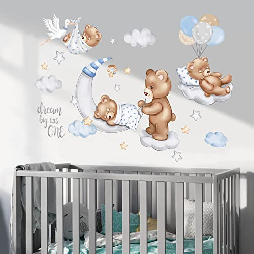 wondever Wandtattoo Bär mit Mond Ballon Wandaufkleber Wolken und Sterne Wandsticker Wanddeko für Kinderzimmer Babyzimmer
