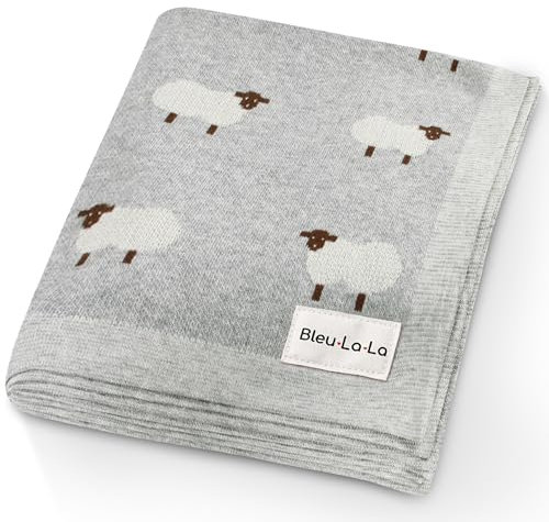 Bleu La La Empfangs Babydecke - 100% Luxuriöse Weichbaumwollstrick Warme Gemütliche Kuscheldecke für Kinderwagen und WiegePuckdecke für Neugeborene Säuglinge und Kleinkinder (Schaf - Grau)