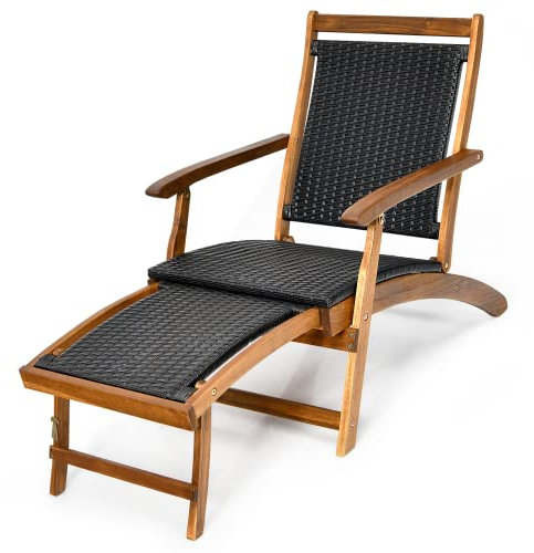 RELAX4LIFE Sedia a sdraio pieghevole in legno di acacia, con poggiapiedi retrattile, salvaspazio, ergonomica, per giardino, piscina, patio