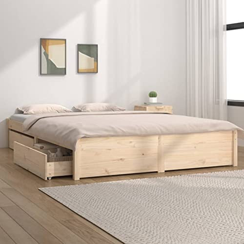 Festnight Bett 140x200 cm Massivholzbett mit Schubladen Doppelbett mit Bettkasten Bettgestell mit Lattenrost Einzelbett Holzbett Bettrahmen mit Stauraum, Braun