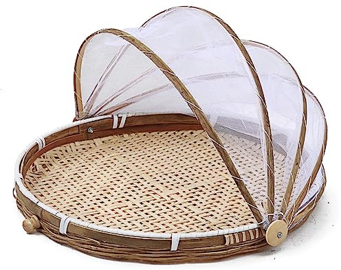 Corbeille à Fruits en Bambou avec Protection Anti-Mouches, Cloche Alimentaire Pliable, Corbeille A Pain Bambou, Panier de Pique-Nique, Plateau de Service Alimentaire pour Fruits, Légumes et Pain
