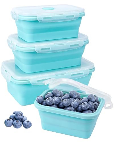 Esie Houzie Zusammenklappbarer Aufbewahrungsbehälter Aus Silikon Mit Luftdichtem Deckel,4er-Pack Lunchbox, Platzsparende Bento-Boxen Für Mikrowelle, Gefrierschrank Und Spülmaschinenfest,Blau