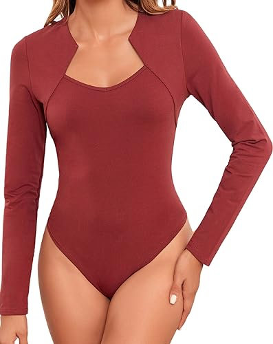 EVELIFE Body da Donna Sexy Morbido a Maniche Lunghe Body Girocollo Camicetta Casual Top (Vino rosso,M)