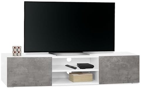 IDMarket – Mueble TV 140 cm ELI blanco puertas efecto hormigón