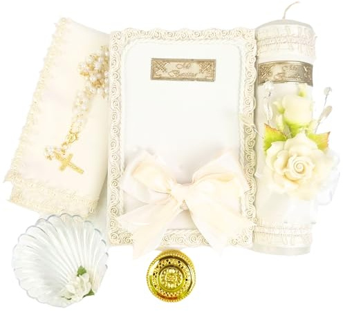 Complete Baptism Candle Set Unisex 5 pc | Baptism kit Catholic with Rosary