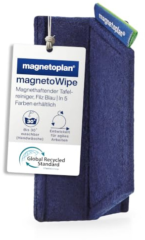 magnetoplan magnetoWipe, Tafellöscher Filz Blau, magnethaftend | Whiteboard- und Glasboard-Reiniger mit Filz aus 100 % GRS zertifiziertem recyceltem Polyester