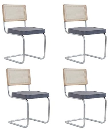 GrandCA HOME Modernes 4er-Set Esszimmerstühlen mit Rückenlehne aus Natürlichem Rohrgeflecht und Gestell aus Rostfreiem Chrom, Gepolsterte Küchenstühle aus Rattan,Grau