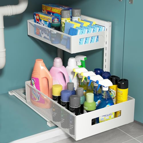 TISTAYA Organizer estraibile sotto il lavello della cucina, organizer funzionale in metallo, regolabile in altezza sotto il lavandino del bagno, portaoggetti sotto il lavello per cucina bagno (bianco)