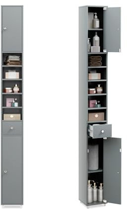 LIFEZEAL Mobile Bagno Salvaspazio, Colonna Bagno Alto, Stretto, 20x20x180cm, Salvasapzio, Moderno, Armadio, Mobiletto, con Antiribaltamento, 2 Ante, Ripiani Regolabili, Cassetto, Legno (grigio)