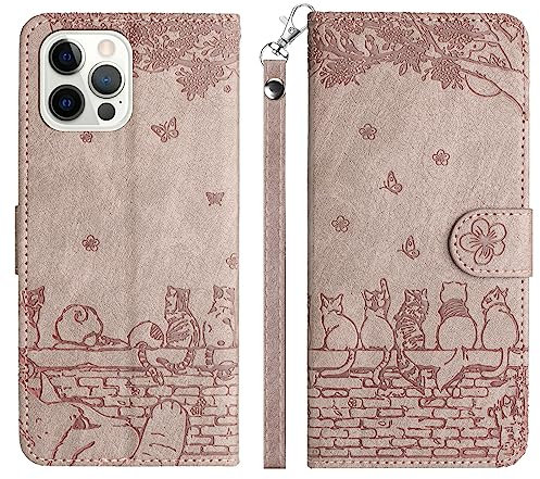 Aisenth Case for iPhone 12 Pro/iPhone 12, Embossed Cute Cats, Butterfly, Flower PU Leather Magnetic Wallet Flip Case Protective Cover with Stand function, Card Slots (Purple Smoky)