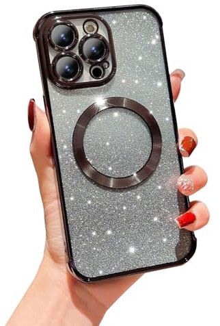 Sitthyw Glitzer Hülle für iPhone 15 Pro Max, Kompatibel mit Magsafe Kameraschutz Transparent Case mit Glitzer Karte, Weiche Silikon TPU Stoßfest Magnetisch Handyhülle für iPhone 15 Pro Max, Schwarz