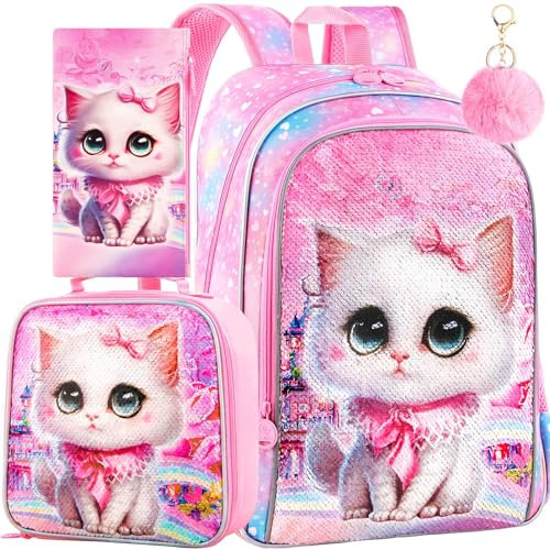 WZLVO Kinderrucksack für Mädchen, Prechool, Grundschule, Büchertasche und Lunchbox, Rosa/Katze, Einheitsgröße