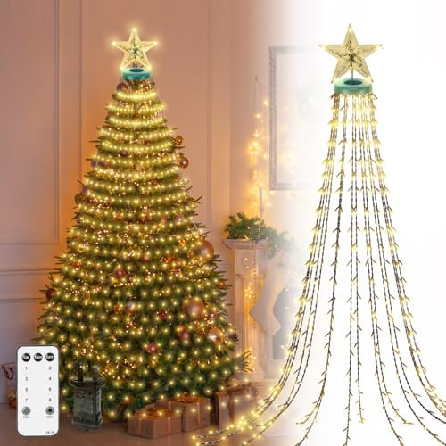 CORST Lichterkette Weihnachtsbaum mit Stern Spitze, 2.5M 400LEDs Weihnachtslichterkette mit Stecker für Innen Außen,Baum Lichtervorhang Fernbedienung, wasserdicht für Xmas Inner(Warm Weiss)