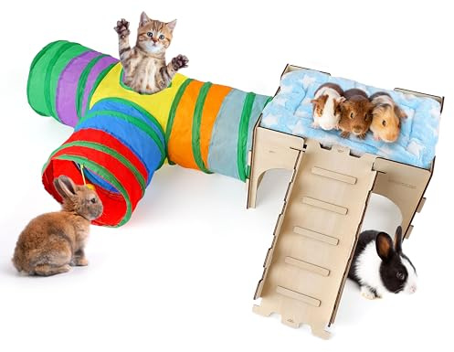 HIIMALEX 3 in 1 Geschenk für Hase Kaninchen Holzschloss mit Rampe, Plüschbett und Kollasiple Tunnel für Indoor Kaninchen Meerschweinchen Hamster Chinchilla Rennmaus Igel zum Spielen Verstecken und