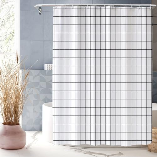 XUEDNGM Duschvorhang Textil Waschbar 170 x 160 cm Anpassbar, Wasserdicht Waschbar Antischimmel, Hochwertig, mit Haken Wasserabweisend Badewanne Vorhang, Gitter