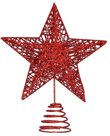 Red Metal Christmas Tree Topper Glittered Xmas Treetop Hollow Star Topper for Christmas Party Home Decoration
