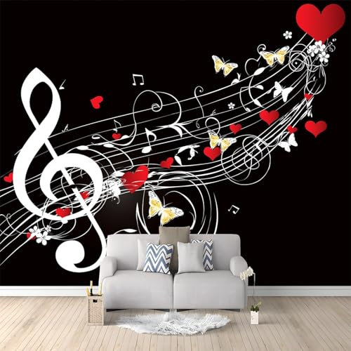 Papier Peint Intissé Notes De Musique Papillon Noir 250x175 cm Papier Peint Panoramique Moderne, Tableaux Muraux Tapisserie Photo, Papier Peint Mural pour Salon, Chambre, Fond Décor TV