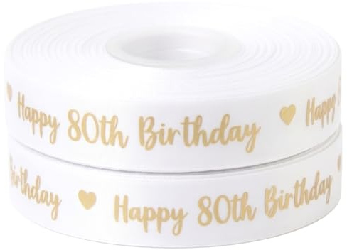 White & Gold Happy 80th Birthday Ribbon 25mm x 2m Gift Wrap & Cake Decor | Sold in 2 metre lengths, ideal for birthday presents, party decorations, greeting cards, gift bags, balloons and crafts
