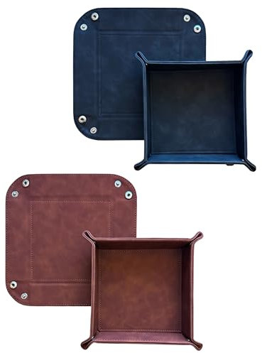 Set di 2 tappetini pieghevoli in pelle (16 x 16 cm), svuotatori quadrati per chiavi, cellulare, cuffie, piccoli oggetti, gioielli (nero - marrone)