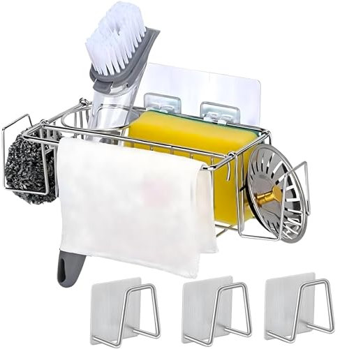 DALAETUS 4 in 1 Kitchen Organiser with 3 Sponge Holders, Stainless Steel Sink Tidy for Countertop, Hanging Sink Caddy for Sponges, Brushes, Scrubs