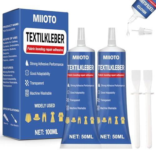 Miioto 100ml Adesivo per Tessuti, Colla per Tessuti, Colla Tessuti Resistente Lavaggi, Lavabile in Lavatrice, Adatto per Tessuti, Jeans, Pelle, Plastica, Cappelli Lavorati a Maglia