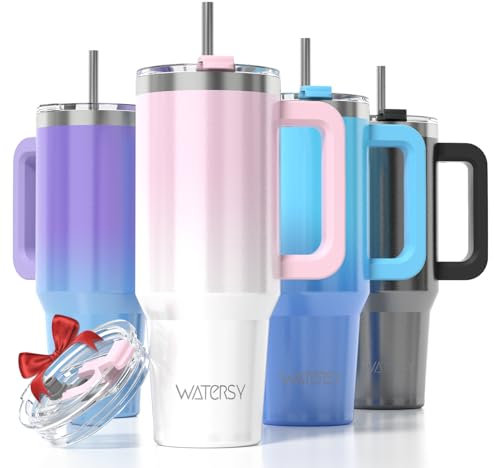 WATERSY Travel Mug Coffee Cup 30oz Tumbler Straw Lid and Handle, Stainless Steel Double Wall Vacuum Insulated Coffee Water Bottle Thermal for Cold Hot Coffee 891ml Shiny Pink White