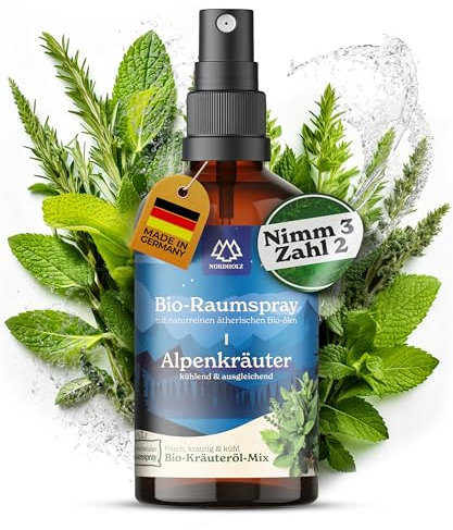 NORDHOLZ® Alpenkräuterspray – BIO-Raumspray Alpenkräuter – Natürlicher Raumduft für Kissen, Wohnräume & Schlafzimmer mit 100% naturreinem ätherischem BIO-Alpenkräuteröl – Kissenspray