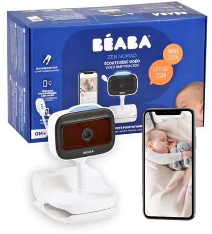 BEABA, babyphone écoute vidéo sans Fil avec Clip, Nomade, Vision Nocturne, Application Mobile, veilleuse colorée, Talkie-walkie, berceuses, thermomètre, contrôle de l'humidité, Batterie 6h, Zen Nomad