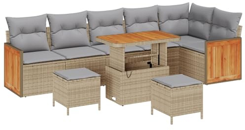 vidaXL 9-teiliges Garten-Sofa-Set mit Kissen in Beige aus Poly-Rattan und Akazienholz. Perfekte Gartenmöbel für eine Bequeme Sitzgelegenheit und mit Stauraum für Terasse und Balkon.