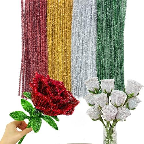 LLMtn 100 Stück Glitter Pfeifenreiniger Set, Glitzerdraht Pfeifenputzer Basteln 6mm X 30CM (Glitter 25Gold 25Silber 25Rot 25Grün)