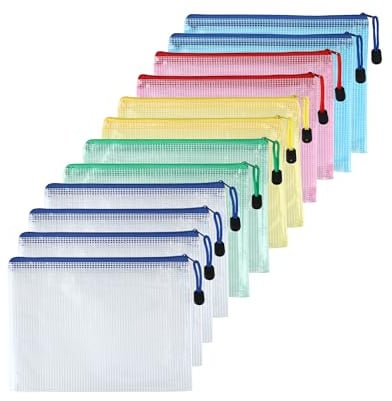 12 Stück Dokumententasche A5 mit Reißverschluss – wasserdichte Dokumententaschen aus Mesh-PVC, Zip Beutel & Zipper Beutel, wasserdichte Dokumententasche für Dokumente, Quittungen, Kosmetik, 5 Farben