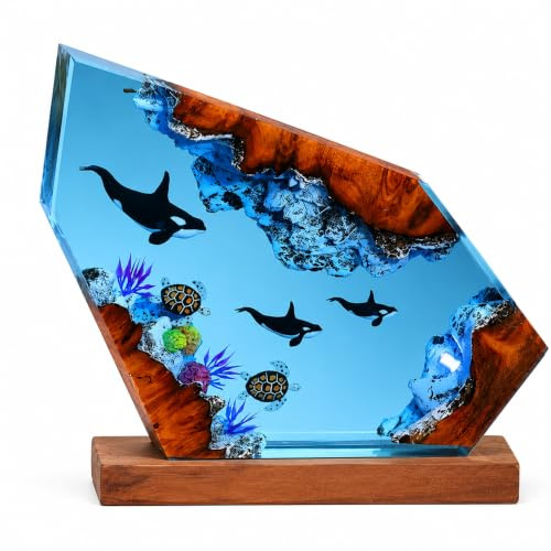 Drawelry 3D Ozean Epoxidharz Nachtlicht Meere Figuren Statue Ornamente mit Holzsockel Harz Marine Tier Hai Wale Oktopus Taucher Kunsthandwerk Skulptur Tischlampe Mini Aquarium Dekoration (B20, S)