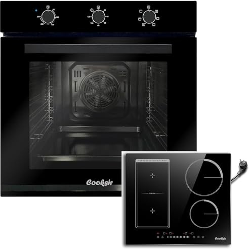 Cooksir Four encastrable 60 cm, four grande capacité 60 litres avec prise, 2200 W, 6 fonctions, bouton rotatif+Plaque Induction 4 Feux avec Prise, Induction Encastrable 60cm avec Zone Combinée 3500W