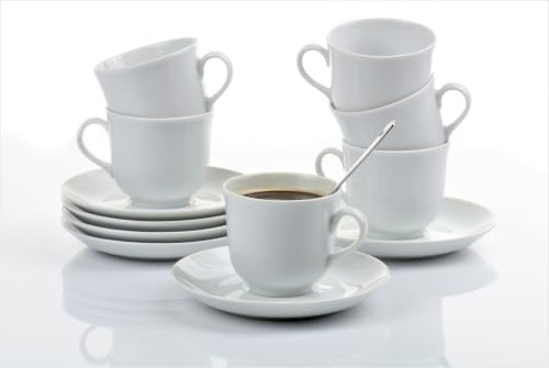 PAULA Kaffeetassen mit Untertassen, Set 24tlg. für 12 Personen Porzellan | schlichte uni weiße Tasse mit passender Untertasse, für Kaffee oder Tee, großes Set für 12 Personen