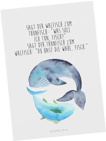 Mr. & Mrs. Panda Postkarte Walfisch Thunfisch - Geschenk, Tiermotive, Grußkarte, Einladung Geburtstag, Flachwitz, Gute Laune, Geschenkkarte, Witz,