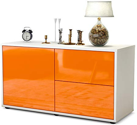 Stil.Zeit TV Schrank Lowboard Adria, Korpus Weiss matt, Front Hochglanz Design Mandarine (92x49x35cm), Push to Open Technik & Leichtlaufschienen